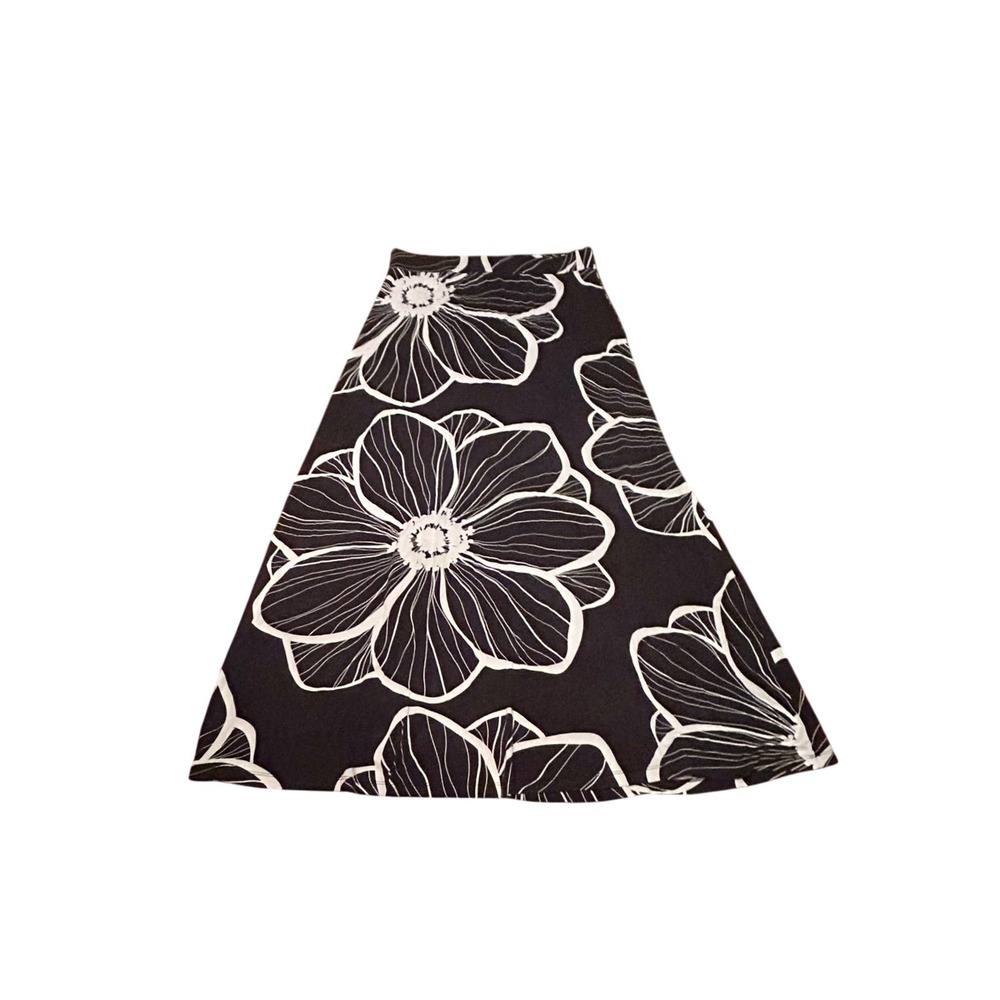 Dennis Basso Black White Floral Maxi Skirt Size Medium A-Line Stretch Boho Comfy - Picture 2 of 4